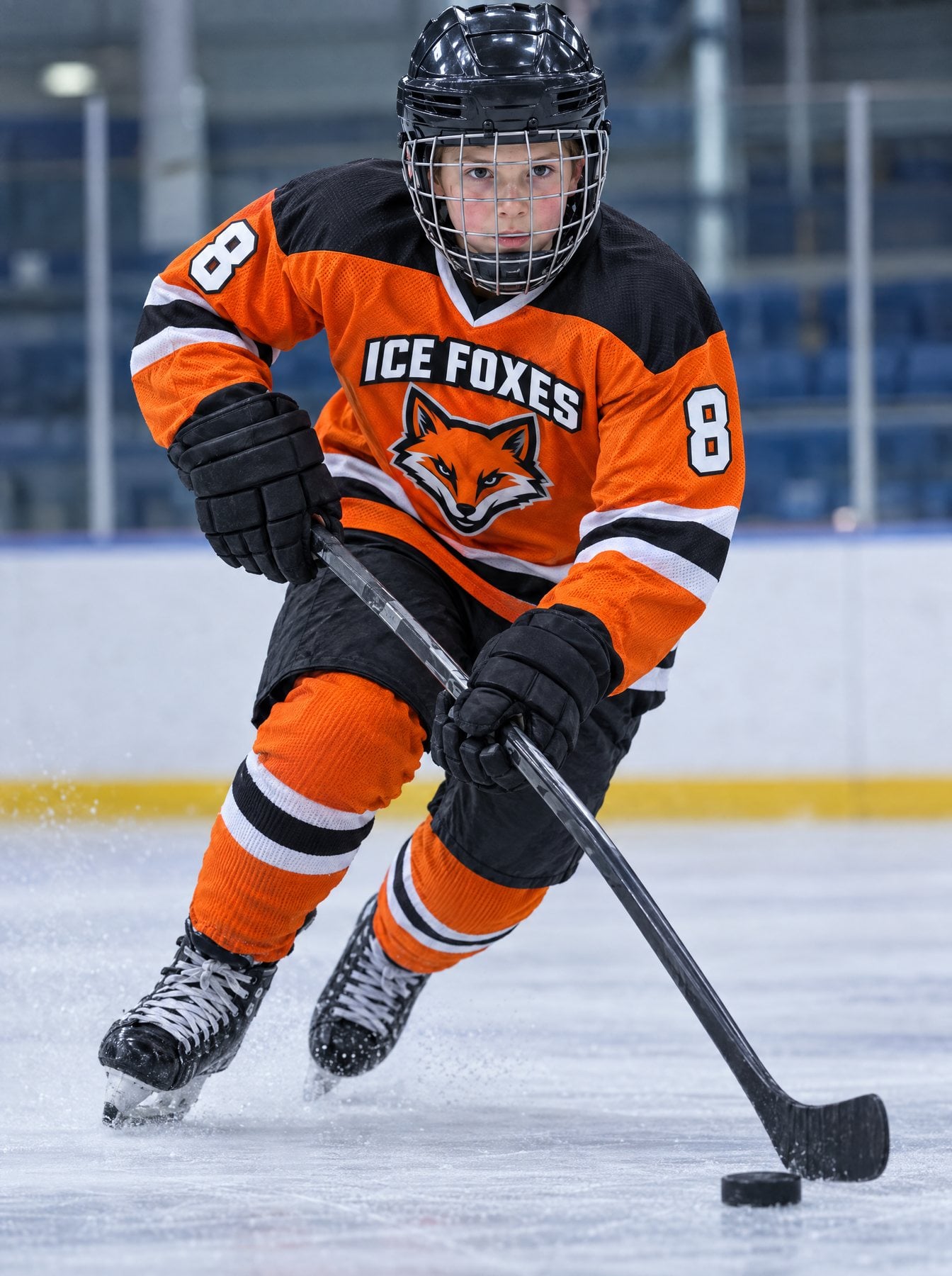 Jeune joueur de hockey en chandail orange et noir des Ice Foxes (exemple de design), en contrôle de la rondelle