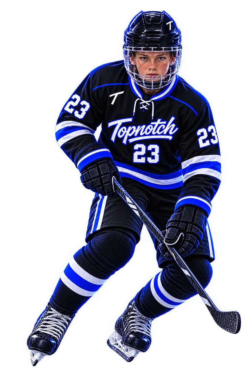 Jeune joueur de hockey en chandail Topnotch noir, blanc et bleu électrique, numéro 23, freinant brusquement dans une gerbe de glace