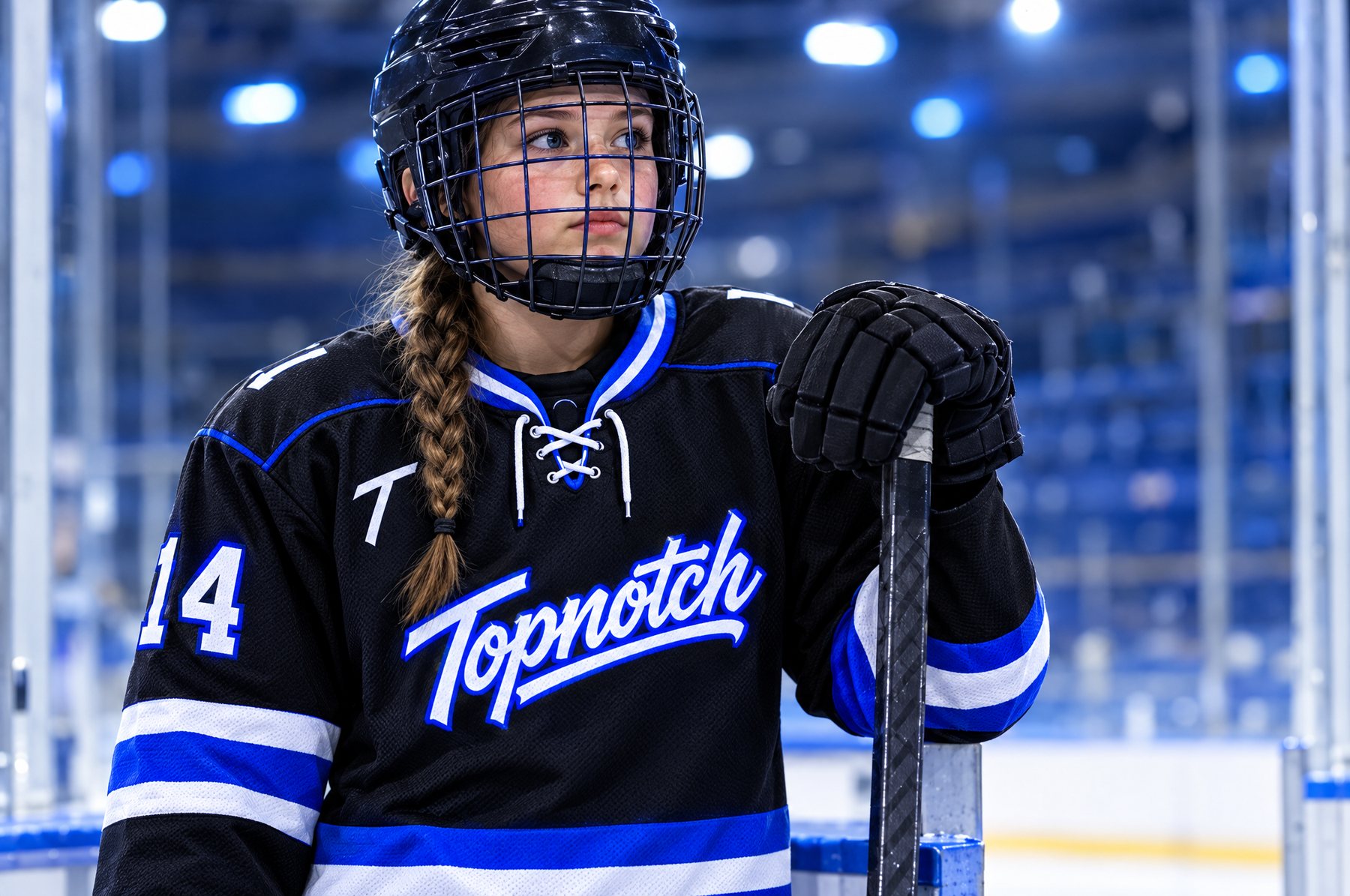 Youth hockey player in the black and electric-blue Topnotch jersey, number 14, at the bench door