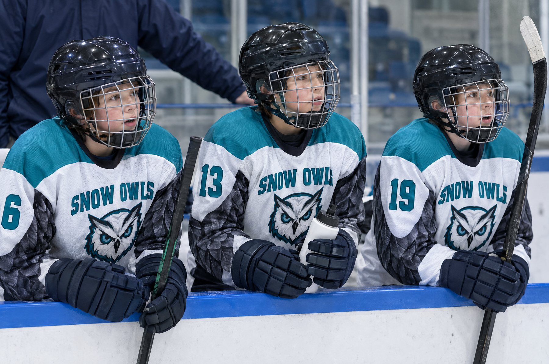 Three youth hockey players in Snow Owls example jerseys watch the play from the bench