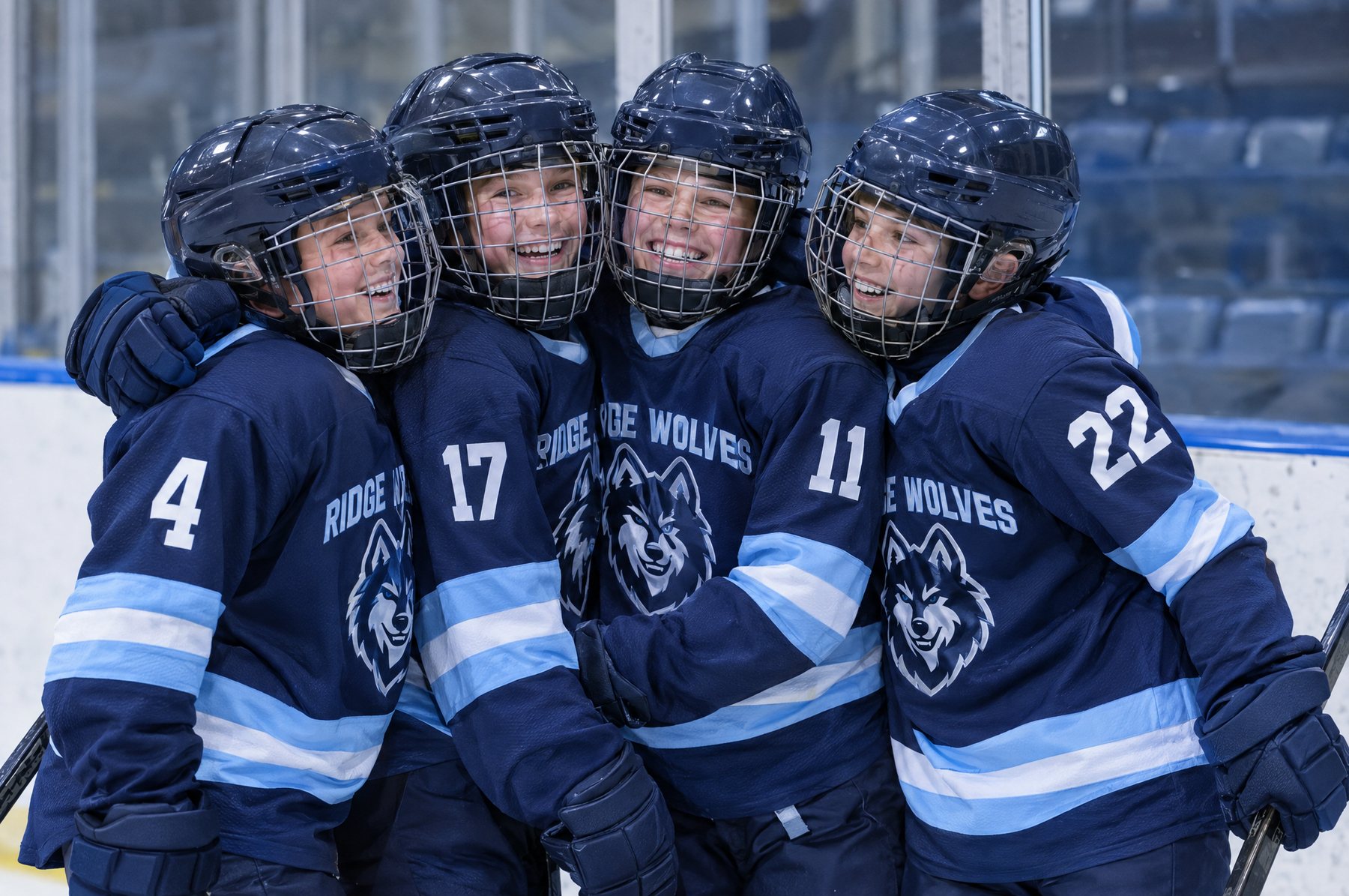 Quatre jeunes coéquipiers en chandails des Ridge Wolves (exemples de design) célèbrent ensemble près de la baie vitrée