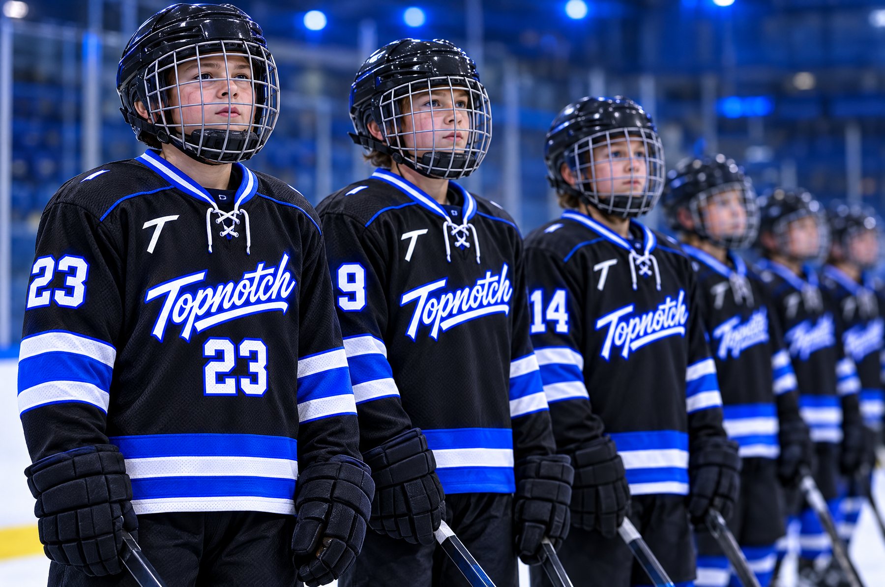 Une jeune équipe de hockey en chandails Topnotch noirs et bleu électrique alignée sur la ligne bleue Une jeune équipe de hockey en chandails Topnotch noirs et bleu électrique alignée sur la ligne bleue
